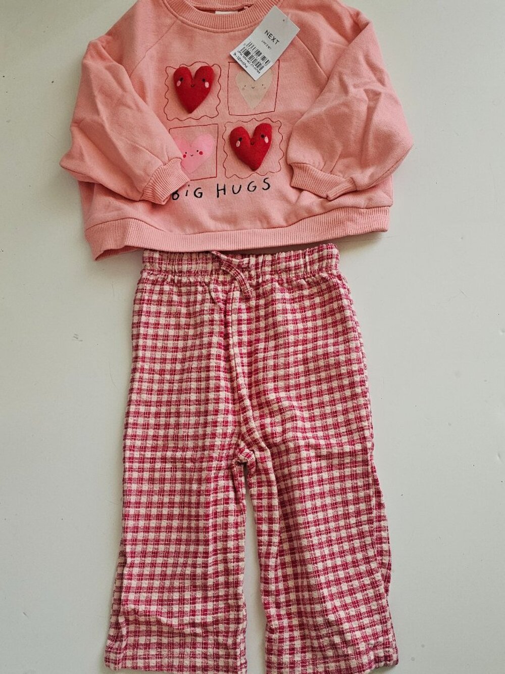Next Baby Girl Long Sleeve Sweater Gauze Plaid Pants Set Blush Size 9-12 Month